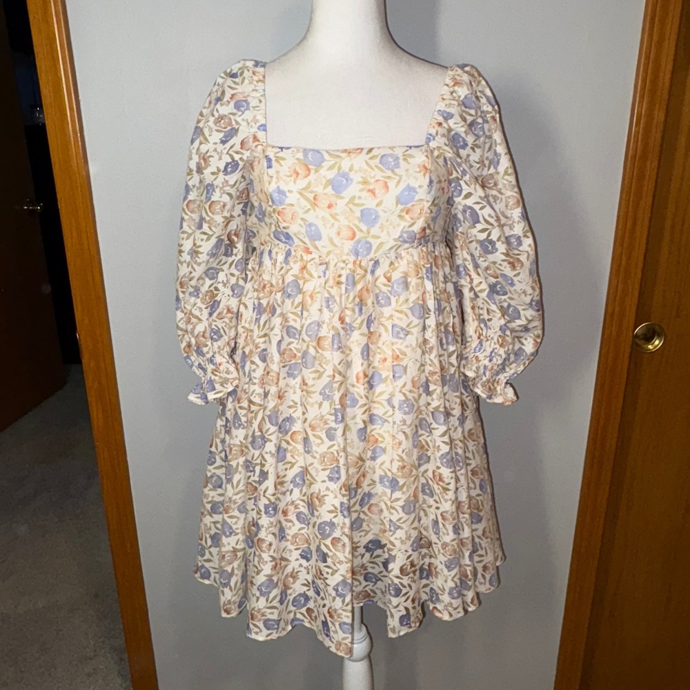 Storia Floral Mini Dress Cottagecore Square Neck Puff Sleeve‎ Casual babydoll